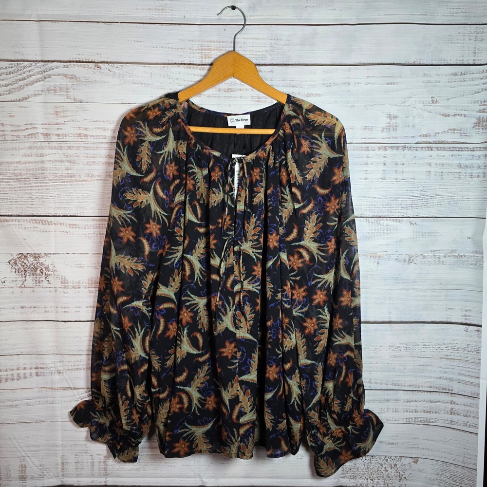 NWT The Drop Black Floral Boho Long Sleeve Tie Neck Blouse Women's plus size 3X